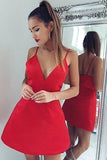 Red Deep V Neck Spaghetti Short Prom Dresses