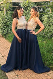 Modest Navy Long A-Line Beading A-Line Prom Dresses Bridesmaid