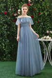 Simple Off the Shoulder Tulle Long Prom Dresses, Blue Bridesmaid Dresses STA15396