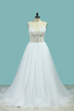 A Line Spaghetti Straps Wedding Dresses Beaded Bodice Tulle Court