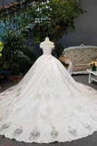 New Arrival Satin Boat Neck Wedding Dresses Lace Up With Appliques And