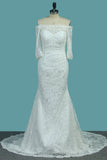 Lace Mermaid Boat Neck 3/4 Length Sleeves Wedding Dresses Sweep