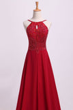 Prom Dresses Spaghetti Straps Beaded Bodice A-Line Chiffon