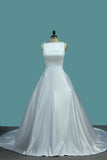 A Line Scoop Satin Wedding Dresses With Pocket Court