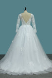 A Line Open Back Long Sleeves Scoop Wedding Dresses Tulle With