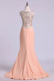 Prom Dresses Scoop Column Sweep Train Elastic Satin With Beads