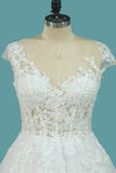 A Line Tulle Cap Sleeve Scoop Wedding Dresses With Applique Court