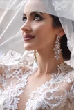 Luxurious Long Sleeves Scoop A Line Lace Wedding Dresses With Pearls Royal