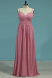 A Line Bridesmaid Dresses Spanghetti Straps Chiffon Floor