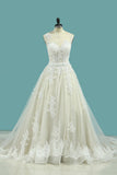 Chapel Train Wedding Dresses Bateau Tulle With Applique And Sash A Line