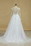 Boat Neck Wedding Dresses A-Line Long Sleeves Applique