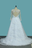 A Line Tulle Long Sleeves Scoop Wedding Dresses With Applique Open