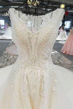 New Arrival Luxurious Scoop Neck Wedding Dresses Tulle Lace Up With Crystals And Beads Royal