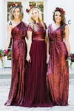 Sparkly Long Burgudny Sequin Shiny Wedding Party Dresses Bridesmaid