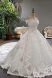 Luxurious Satin Wedding Dresses Lace Up Boat Neck With Appliques And