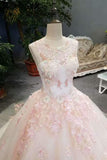 Awesome Floral Wedding Dress Shiny Tulle Scoop Lace Up With Beads Handmade