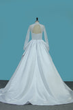 Long Sleeves Satin Wedding Dresses High Neck Open Back A