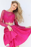 Two Pieces Homecoming Dresses Satin & Lace Long Sleeve