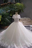 Hot Selling Cheap Price Tulle Scoop Neck Wedding Dresses Lace Up With Appliques And