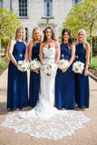 Charming Halter Neck Blue Pleated Long Bridesmaid Dresses, Wedding Party Dresses STA15099