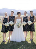 Simple Hot Scoop Open Back Lace Black Short Bridesmaid Dresses