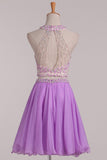 Two-Piece Halter Open Back Homecoming Dresses Beaded Bodice Chiffon A