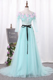 New Arrival A Line Boat Neck Tulle Prom Dresses With Handmade Flowers And