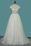 A Line Tulle Wedding Dresses Scoop Cap Sleeve With