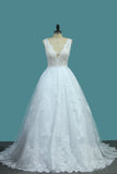 A Line Lace V Neck Wedding Dresses With Applique Open Back Court