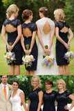 Sheath Navy Blue Open Back Lace Bridesmaid Dresses Wedding Party