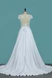 A Line Wedding Dresses Sexy Open Back Scoop Cap Sleeves Elastic Satin &