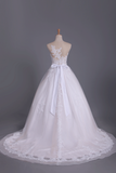 Chapel Train Wedding Dresses Bateau Tulle With Applique And Sash A Line