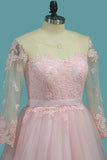 A Line Tulle Long Sleeves Scoop Wedding Dresses With Applique And Sash Sweep