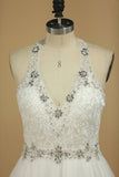 Halter Wedding Dresses A Line Open Back Tulle With Emroidery And