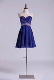 A Line Homecoming Dresses Dark Royal Blue Chiffon Mini With Beading