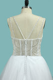 A Line Spaghetti Straps Wedding Dresses Beaded Bodice Tulle Court