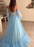 Ball Gown Blue Tulle Prom Dresses Long Sleeve Off the Shoulder Quinceanera Dresses