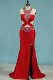 New Arrival Scoop With Beads And Slit Prom Dresses Spandex