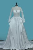 Long Sleeves Satin Wedding Dresses High Neck Open Back A