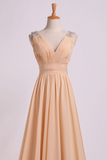 Bridesmaid Dress V Neck A Line Floor Length Chiffon With Beads