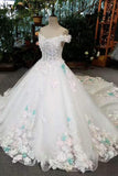 New Arrival Off The Shoulder Floral Wedding Dresses Lace Up With Appliques And Handmade