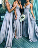 Elegant A Line V Neck Blue Straps Bridesmaid Dresses, Wedding Party STA20413