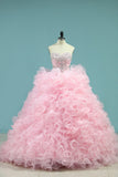 Organza Quinceanera Dresses Sweetheart With Beads And Applique Court Train