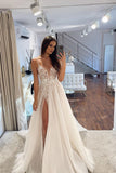 Gorgeous V Neck A Line Tulle Wedding Dresses with Appliques