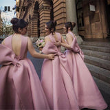 Ball Gown High Neck Satin V Neck Bridesmaid Dresses with Bowknot, Wedding Party Dress STA15559