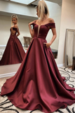 A Line Off The Shoulder Satin Prom Dress Cheap Simple Long Evening STAP8SB1QJC