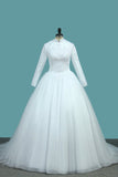 A Line Tulle Long Sleeves High Neck Wedding Dresses With Applique Sweep