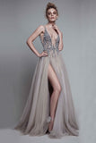 New Arrival V Neck Open Back Prom Dresses A Line Tulle With