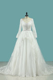 Long Sleeves V Neck Wedding Dresses Ball Gown Tulle With Applique & Beading Chapel