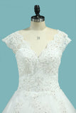 A Line V Neck Wedding Dresses Tulle With Applique And Beads Lace